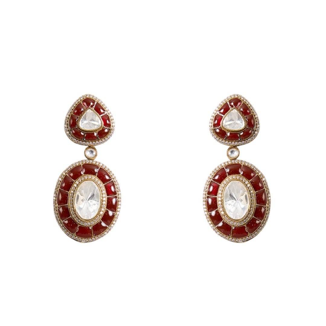 Timeless Red & Kundan Teardrop Necklace Set with Oval Pendant - Auraa Trends