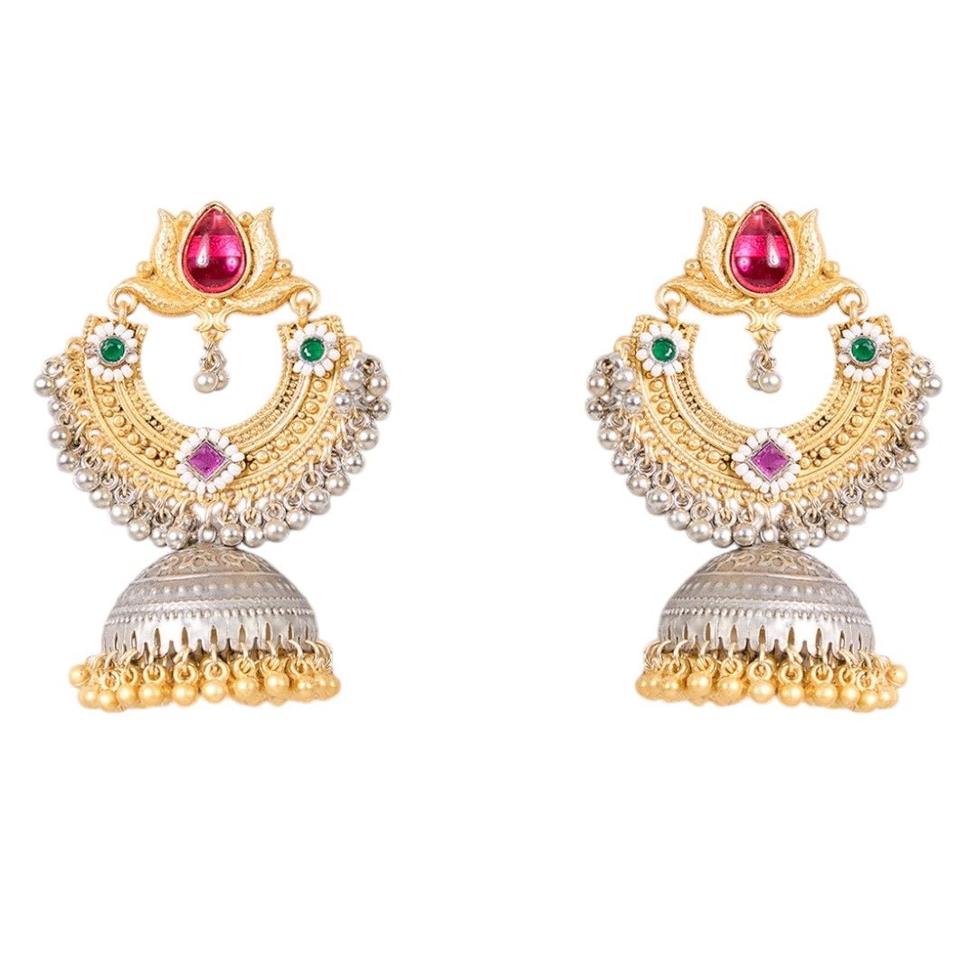 Traditional Dual - Tone Temple Jhumka Earrings with Pearl Detailing - Auraa Trends - Earrings - - Auraa Trends - "Traditional dual - tone temple jhumka earrings with red, green, and purple stones, dome - shaped base and lotus motif for festive and ethnic wear."