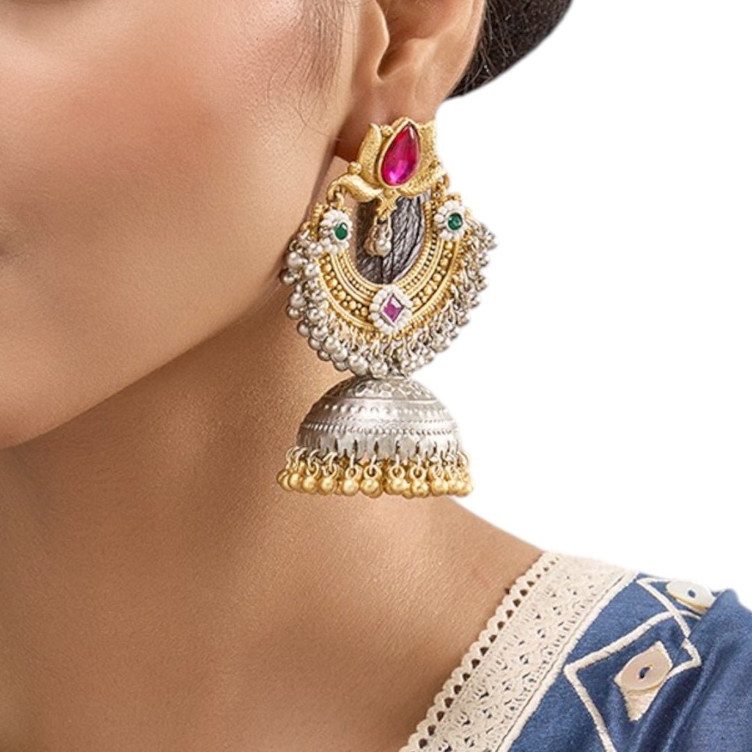 Traditional Dual - Tone Temple Jhumka Earrings with Pearl Detailing - Auraa Trends - Earrings - - Auraa Trends - "Traditional dual - tone temple jhumka earrings with red, green, and purple stones, dome - shaped base and lotus motif for festive and ethnic wear."