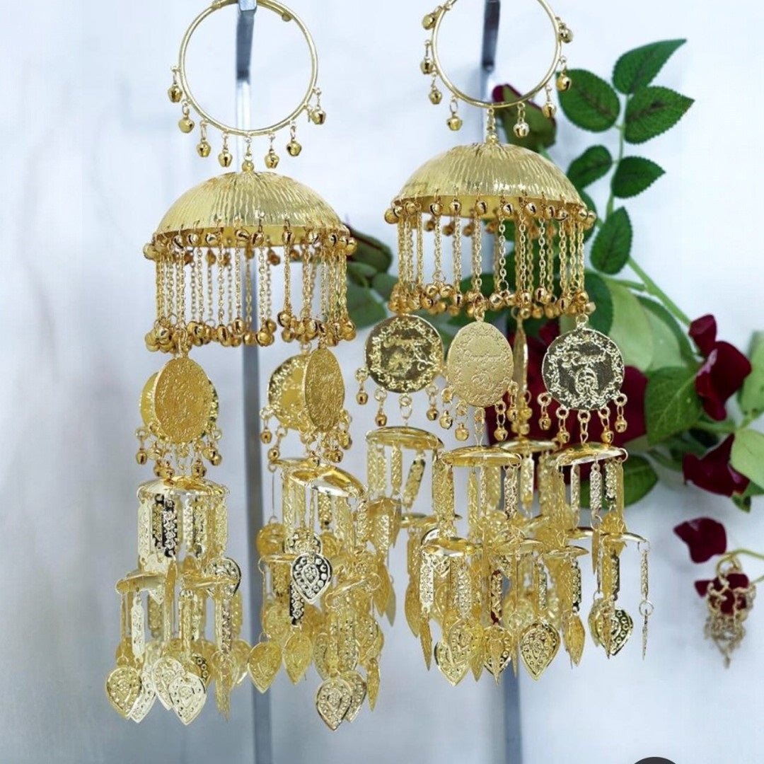 Traditional Gold Plated Bridal Kaleere with Hanging Coins & Leaf Charms - Auraa Trends - Kaleere - - Auraa Trends - "Traditional gold - plated bridal kaleere with dome top, hanging coins, and leaf charms, perfect for Punjabi weddings."