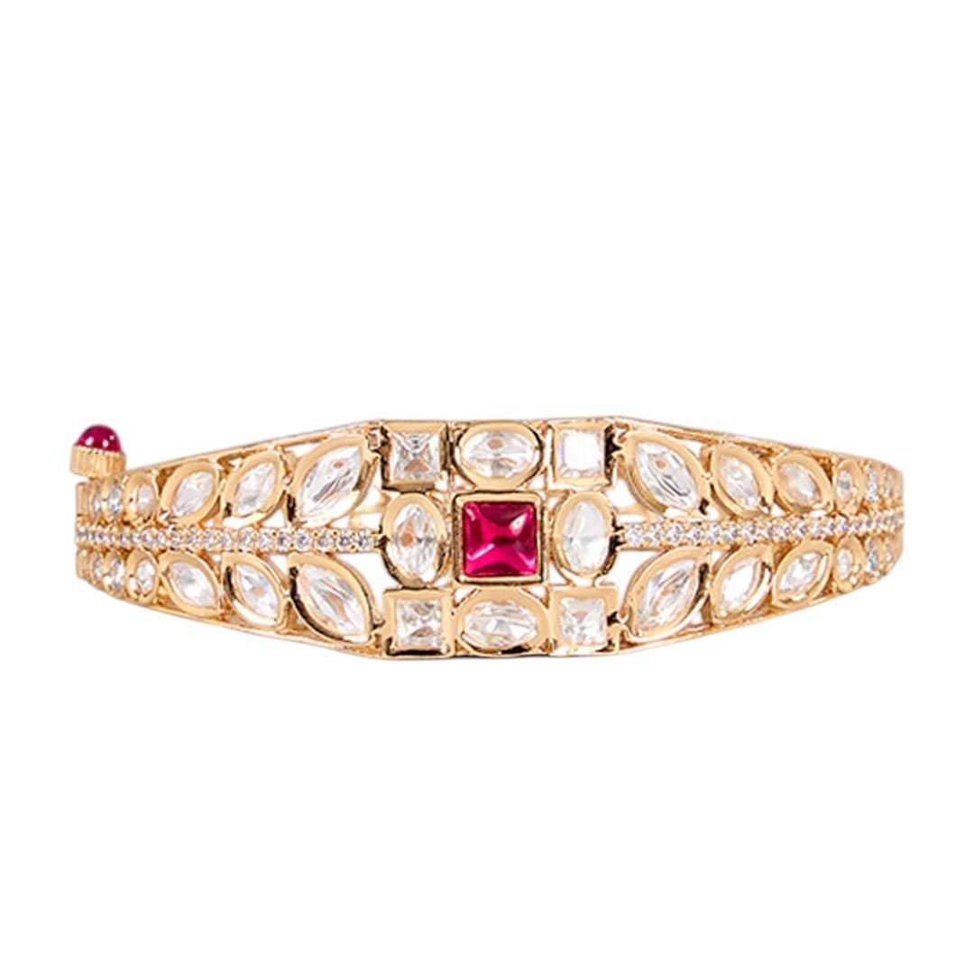 Traditional Gold - Plated Kundan Bangle with Red & White Stones for Women - Auraa Trends - Bangles - - Auraa Trends - Gold - plated bangle with red square stone and kundan design