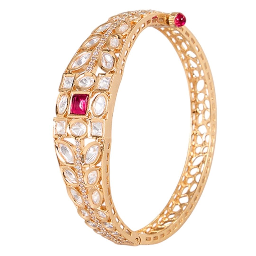 Traditional Gold - Plated Kundan Bangle with Red & White Stones for Women - Auraa Trends - Bangles - - Auraa Trends - Gold - plated bangle with red square stone and kundan design