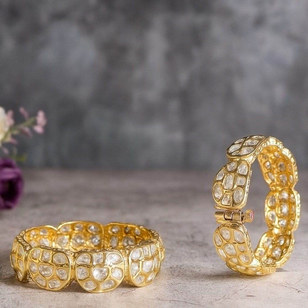 Traditional Gold Plated Kundan Bangles with Polki Stone Embellishment - Auraa Trends