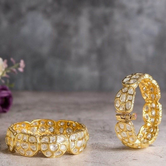 Traditional Gold Plated Kundan Bangles with Polki Stone Embellishment - Auraa Trends