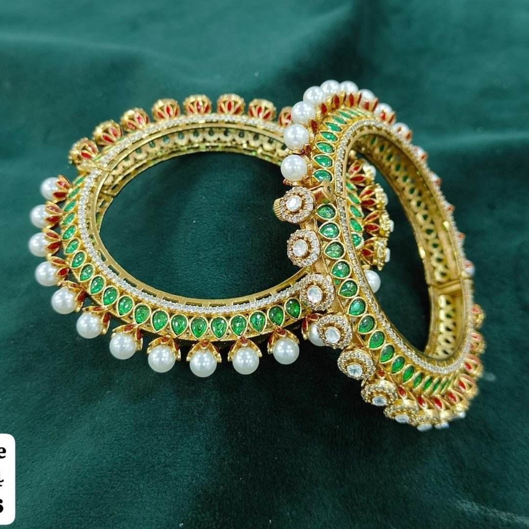Traditional Gold-Plated Kundan & Pearl Studded Bangles with Green & Red Enamel Work - Auraa Trends