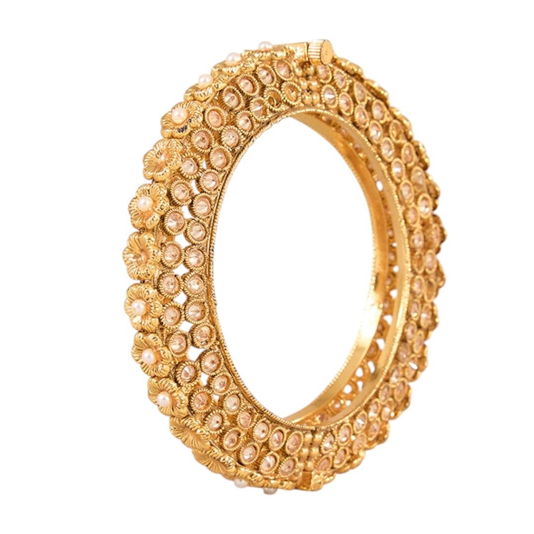 Traditional Gold - Plated Pearl Floral Bangles for Women - Auraa Trends - Bangles - - Auraa Trends - Traditional gold - plated floral bangles with pearl accents