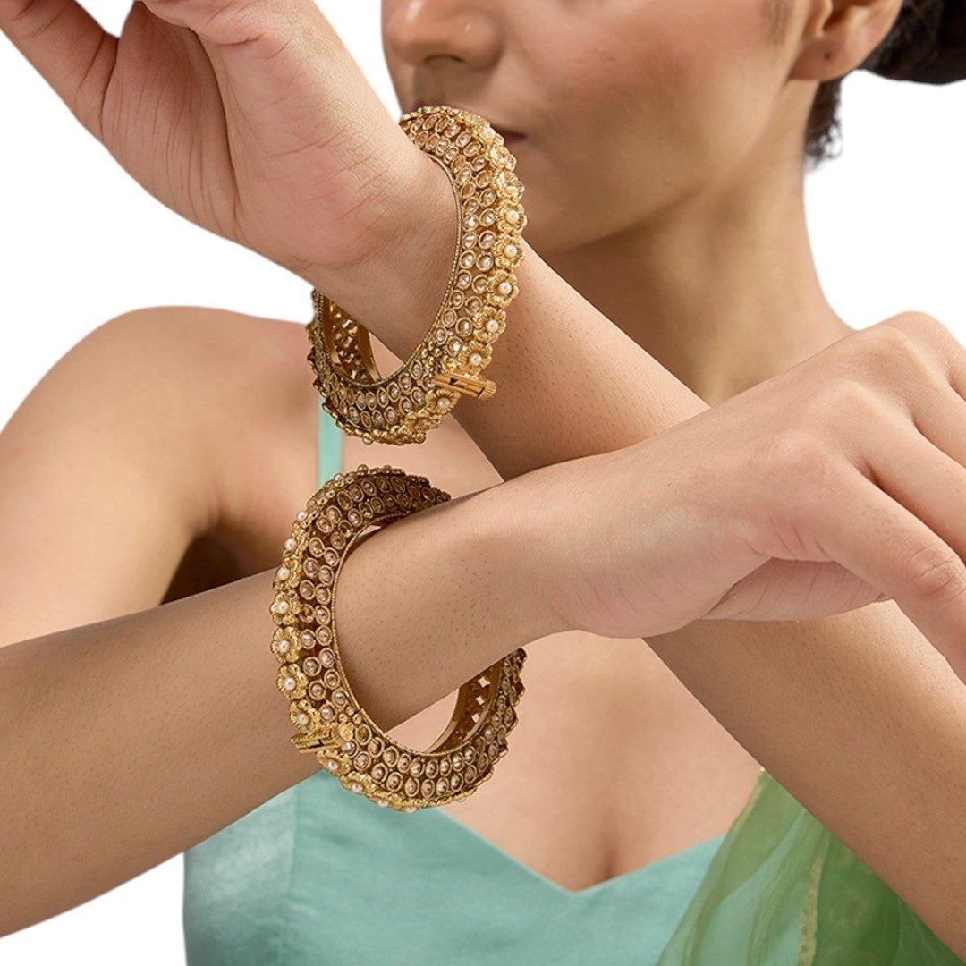 Traditional Gold - Plated Pearl Floral Bangles for Women - Auraa Trends - Bangles - - Auraa Trends - Traditional gold - plated floral bangles with pearl accents