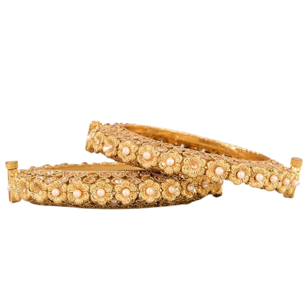 Traditional Gold - Plated Pearl Floral Bangles for Women - Auraa Trends - Bangles - - Auraa Trends - Traditional gold - plated floral bangles with pearl accents
