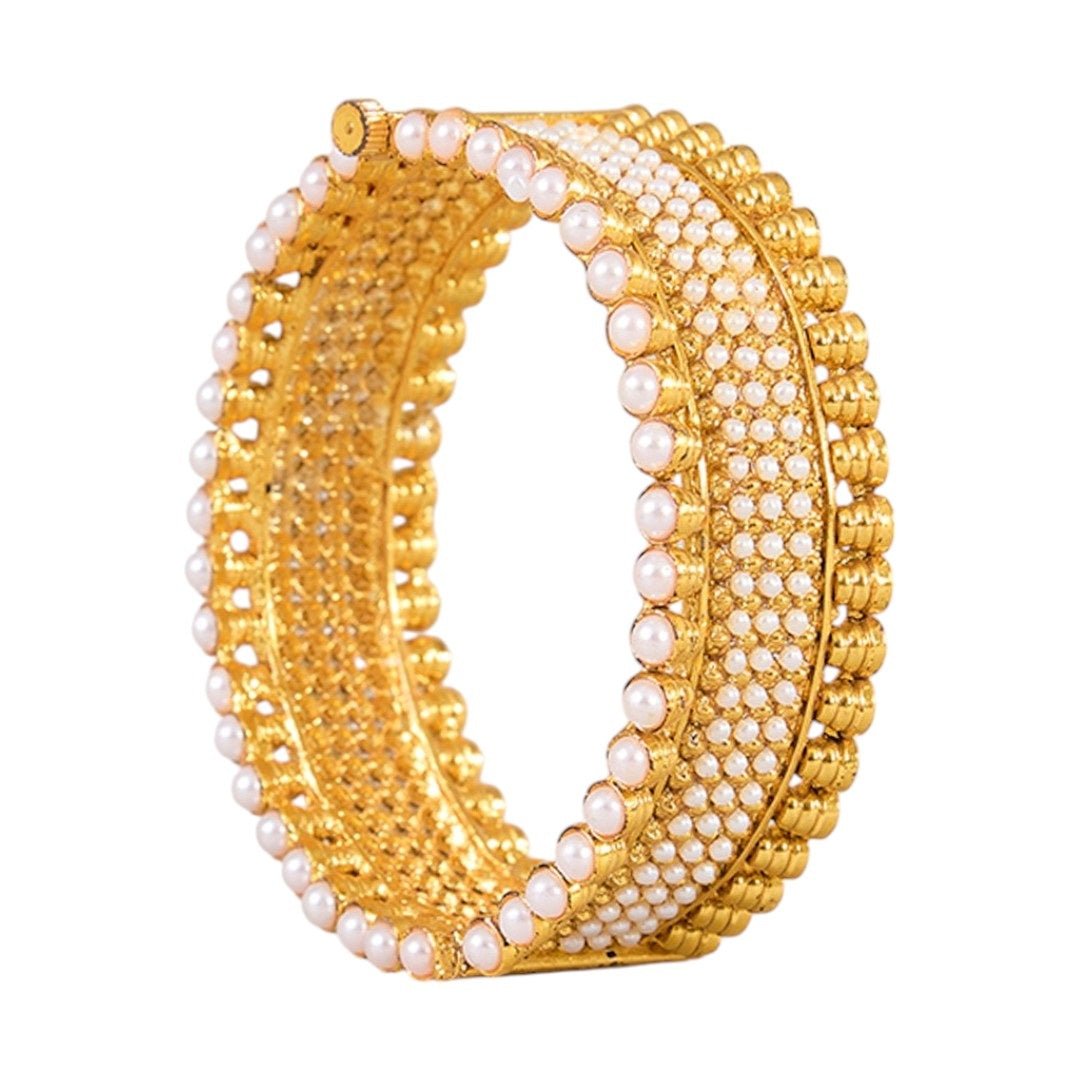 Traditional Gold - Plated Pearl Studded Broad Kada Bangles for Women - Auraa Trends - Bangles - - Auraa Trends - "Pair of traditional gold - plated broad kada bangles embellished with rows of faux pearls for festive wear"