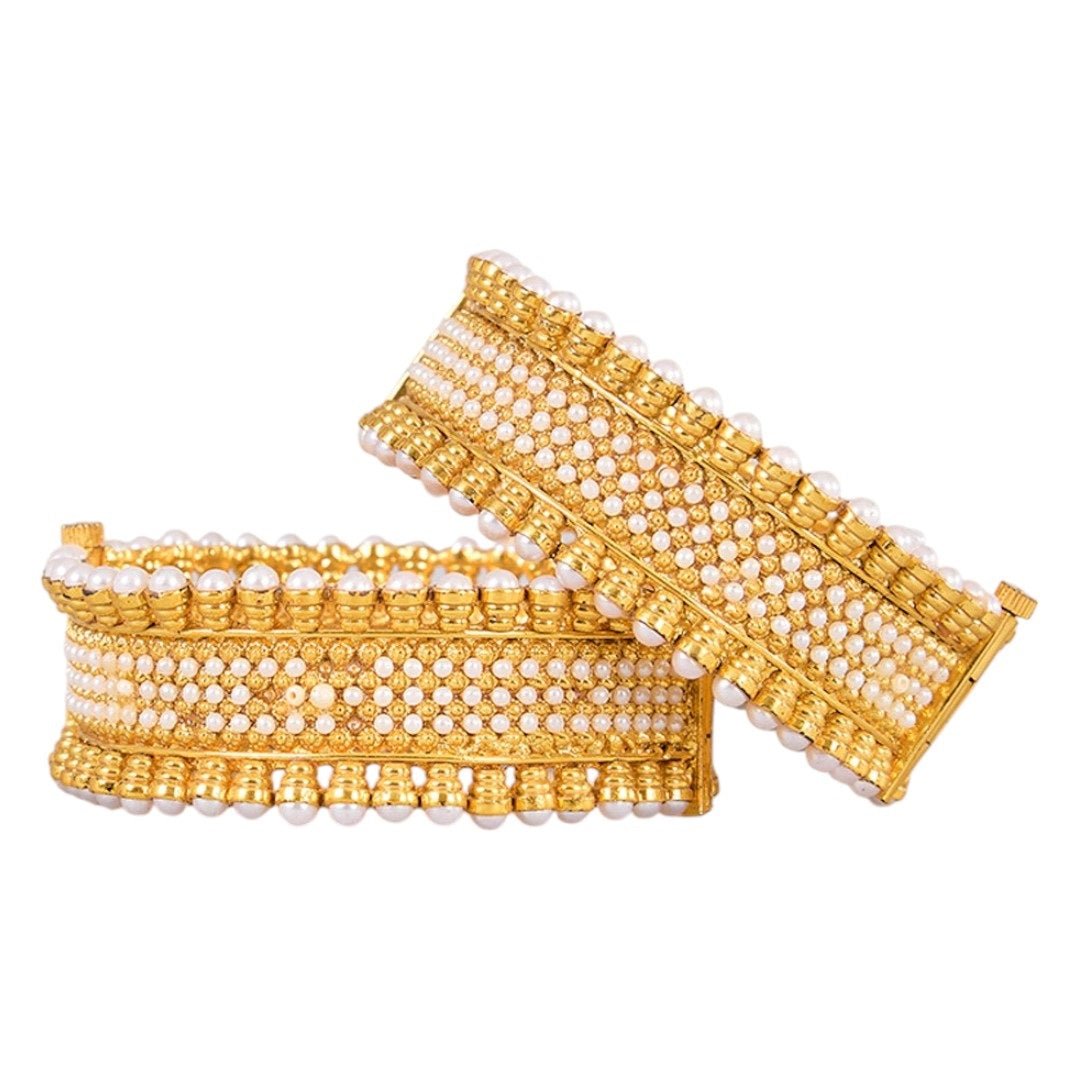 Traditional Gold - Plated Pearl Studded Broad Kada Bangles for Women - Auraa Trends - Bangles - - Auraa Trends - "Pair of traditional gold - plated broad kada bangles embellished with rows of faux pearls for festive wear"