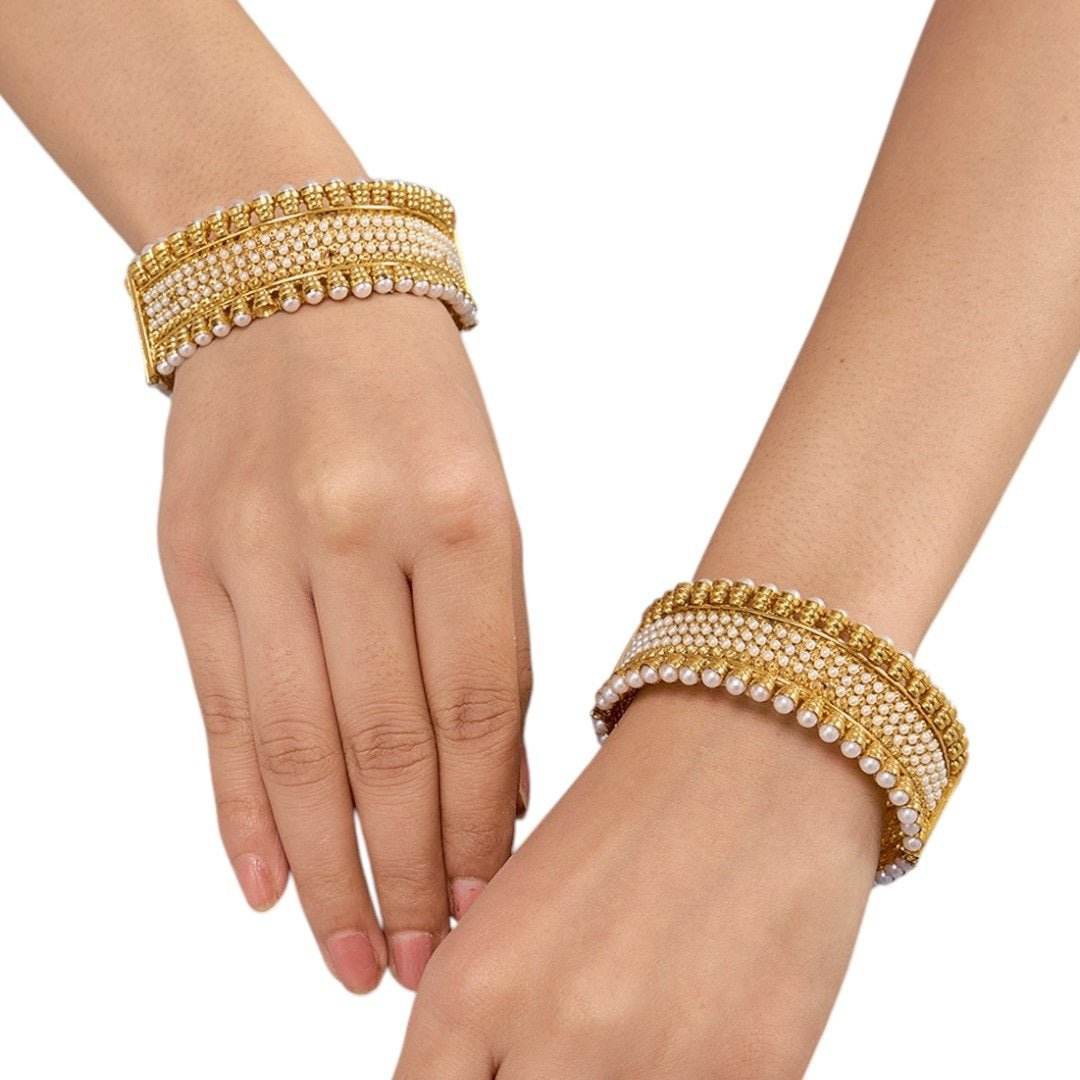 Traditional Gold-Plated Pearl Studded Broad Kada Bangles for Women - Auraa Trends
