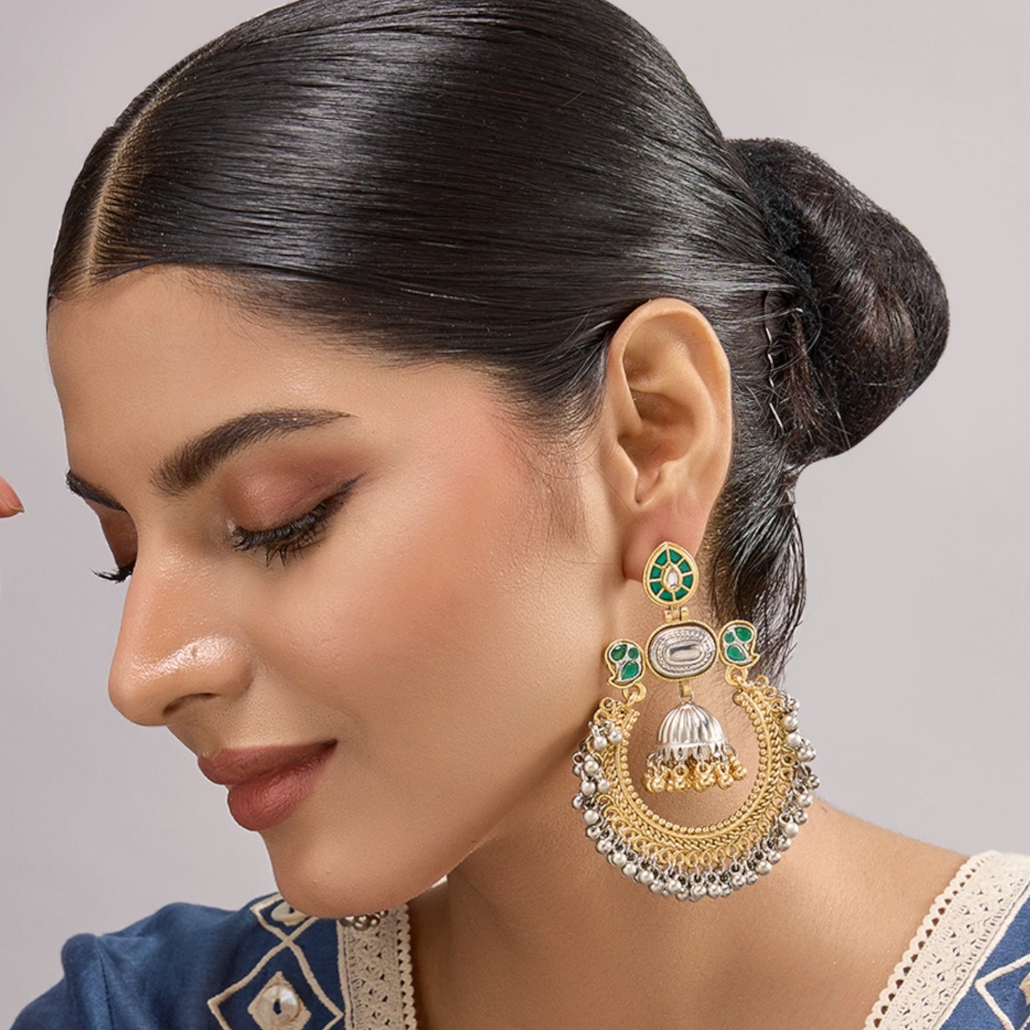Traditional Gold & Silver - Plated Chandbali Earrings with Green Enamel & Jhumka Drop for Women - Auraa Trends - Earrings - - Auraa Trends - "Traditional gold and silver - plated chandbali earrings with green enamel detailing and dome - shaped jhumka drops, perfect for weddings and festive wear."