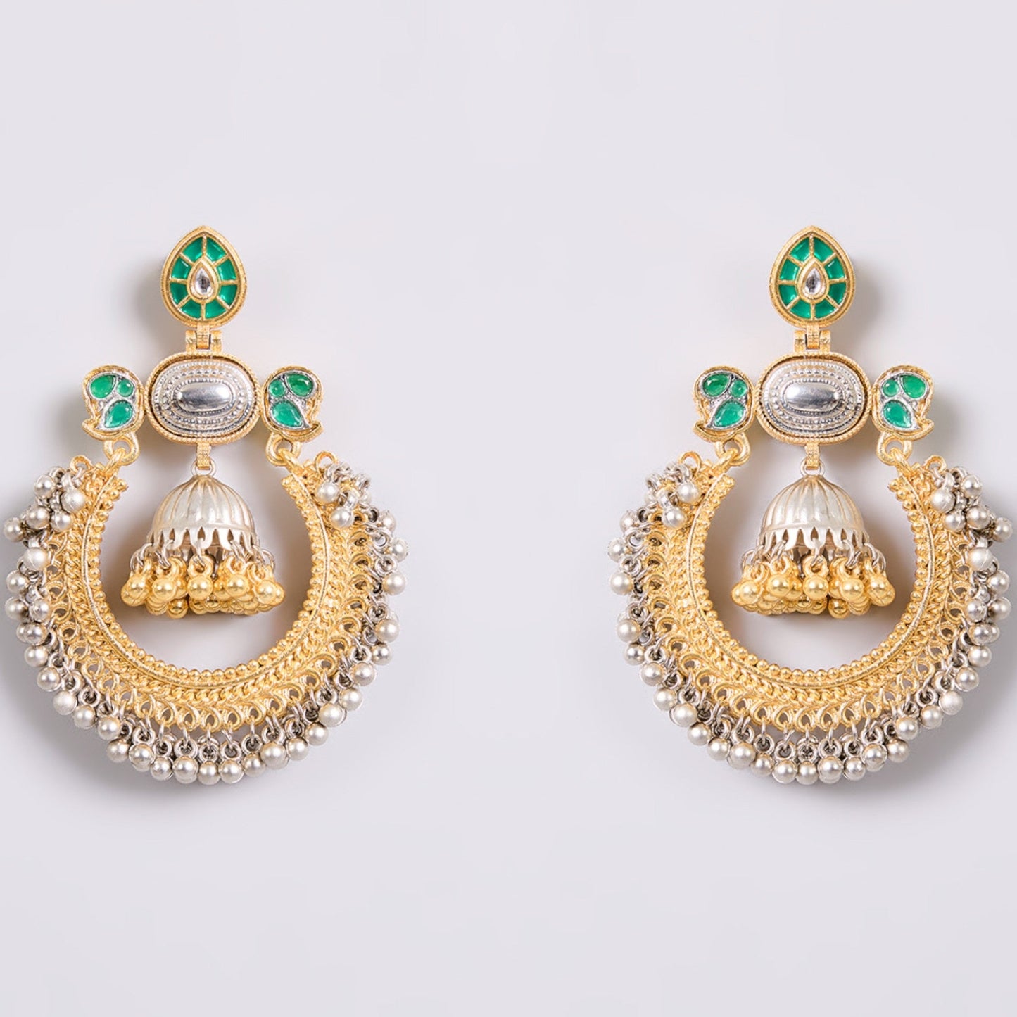 Traditional Gold & Silver - Plated Chandbali Earrings with Green Enamel & Jhumka Drop for Women - Auraa Trends - Earrings - - Auraa Trends - "Traditional gold and silver - plated chandbali earrings with green enamel detailing and dome - shaped jhumka drops, perfect for weddings and festive wear."