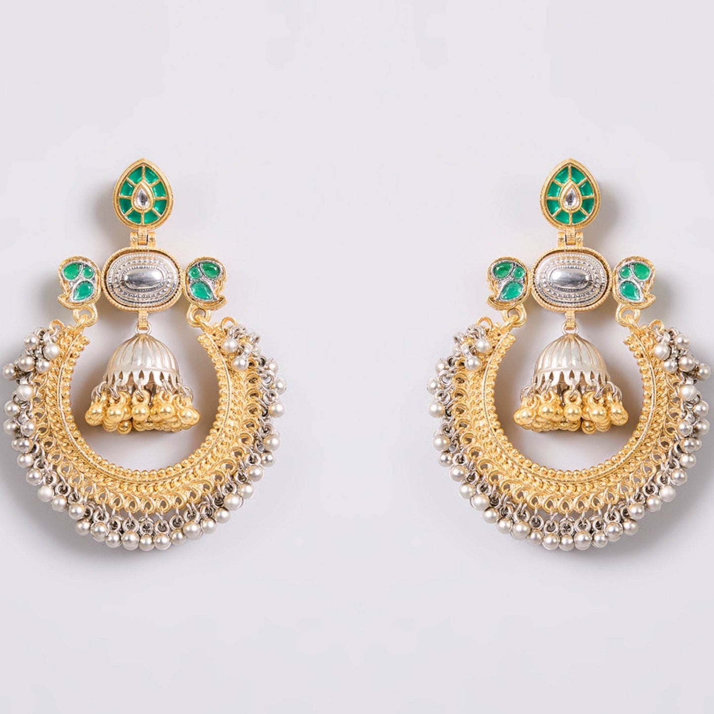 Traditional Gold & Silver-Plated Chandbali Earrings with Green Enamel & Jhumka Drop for Women - Auraa Trends