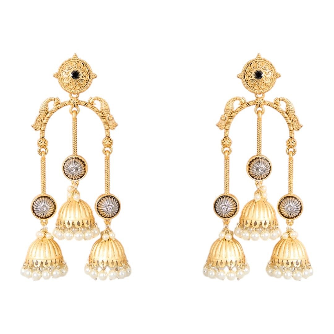 Traditional Gold - Tone Multi Jhumka Earrings with Pearl Drops - Auraa Trends - Earrings with Kaan Chain - - Auraa Trends - "Gold - tone multi - jhumka earrings with dome - shaped danglers, floral accents, and pearl drop detailing – ethnic Indian statement jewelry."