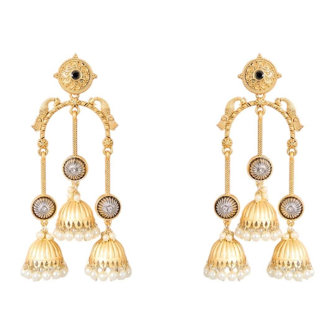 Traditional Gold-Tone Multi Jhumka Earrings with Pearl Drops - Auraa Trends