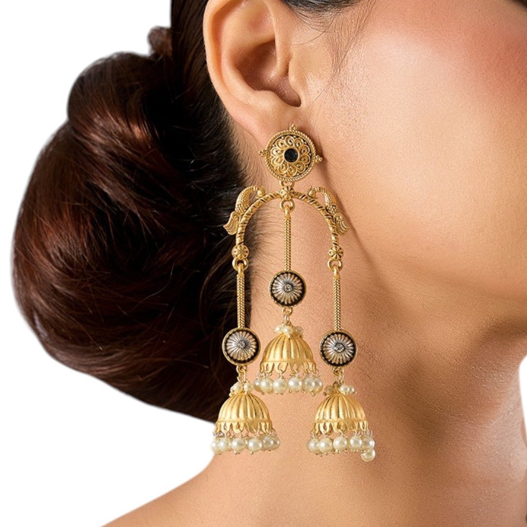 Traditional Gold - Tone Multi Jhumka Earrings with Pearl Drops - Auraa Trends - Earrings with Kaan Chain - - Auraa Trends - "Gold - tone multi - jhumka earrings with dome - shaped danglers, floral accents, and pearl drop detailing – ethnic Indian statement jewelry."