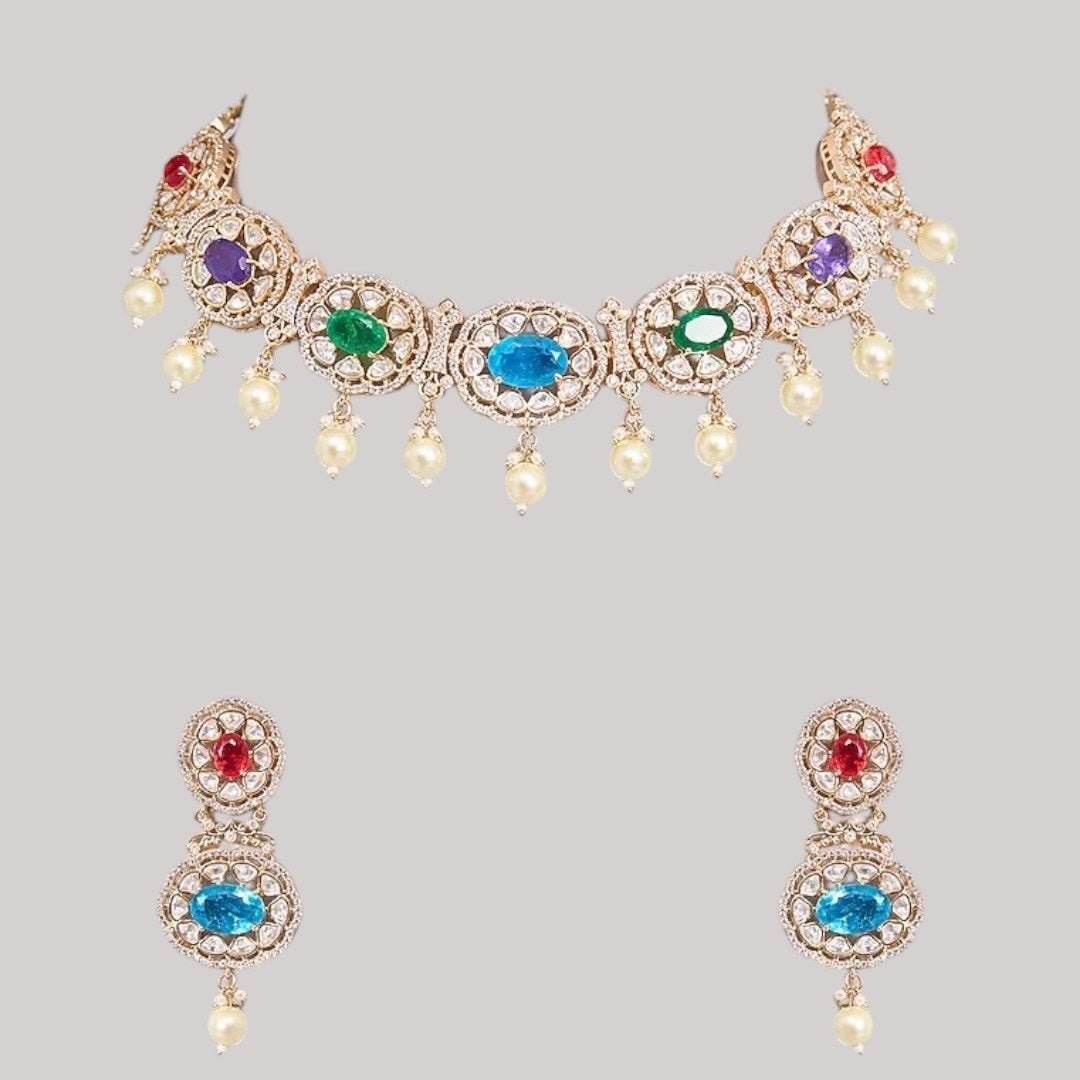 Traditional Gold-Tone Pearl Drop Multicolor Choker Necklace Set with Earrings for Women - Auraa Trends