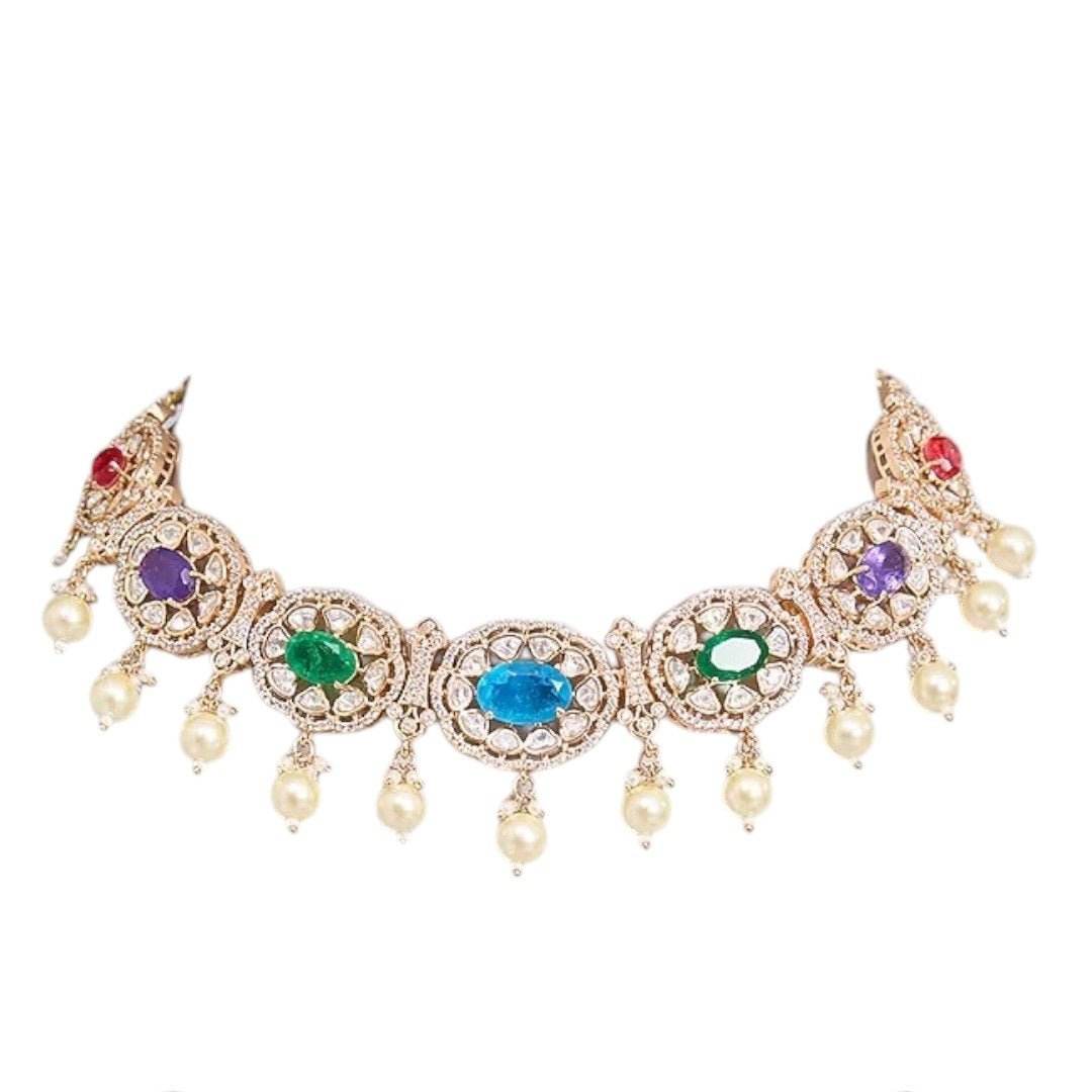 Traditional Gold-Tone Pearl Drop Multicolor Choker Necklace Set with Earrings for Women - Auraa Trends