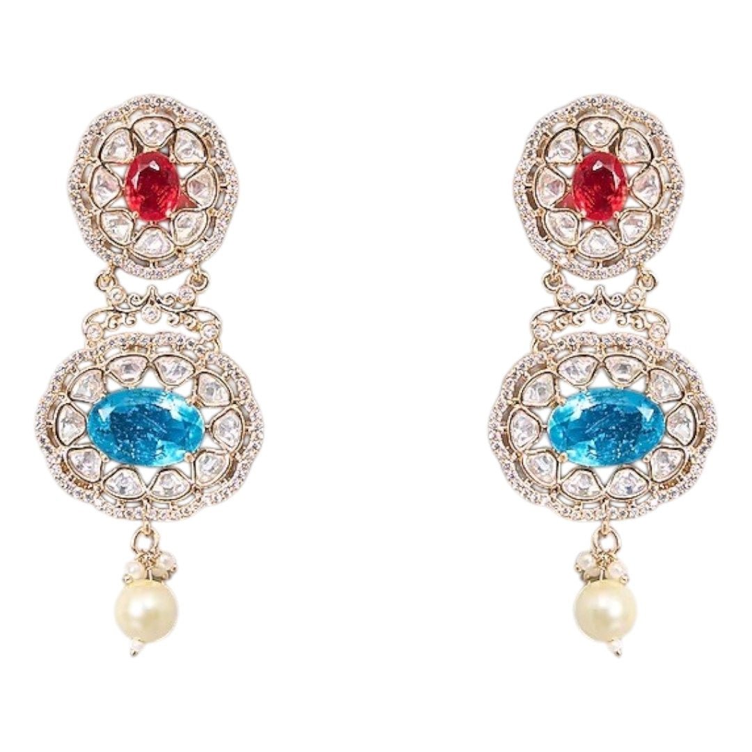 Traditional Gold - Tone Pearl Drop Multicolor Choker Necklace Set with Earrings for Women - Auraa Trends - Necklace Set - - Auraa Trends - Woman wearing a gold - tone multicolor gemstone choker necklace with pearl drops and matching earrings, styled with an embroidered saree blouse.