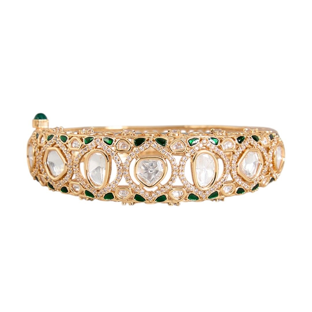 Traditional Kundan Gold - Plated Bangle with Green Enamel Detailing - Auraa Trends - Bangles - - Auraa Trends - Traditional gold - plated kundan bangle with green enamel and uncut stones for ethnic wear
