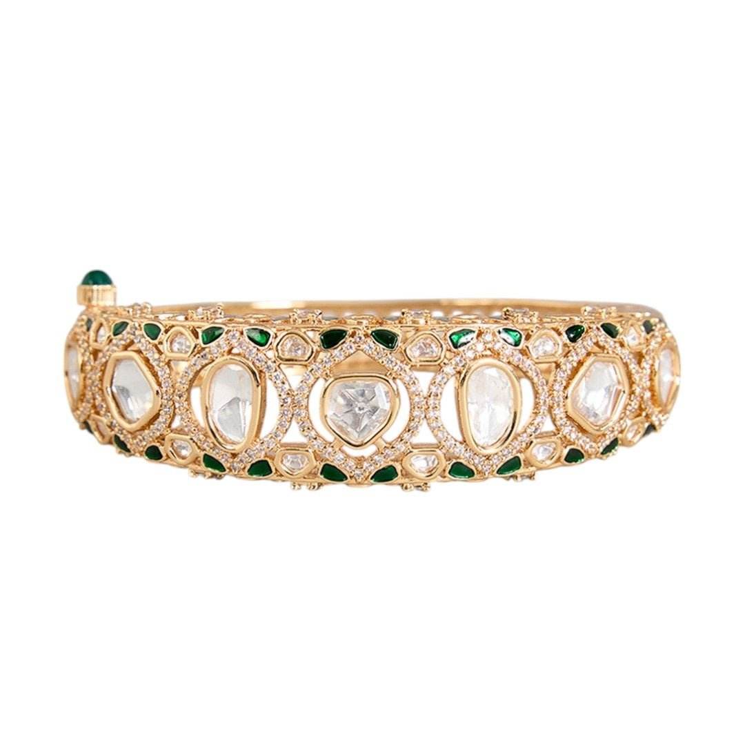 Traditional Kundan Gold-Plated Bangle with Green Enamel Detailing - Auraa Trends