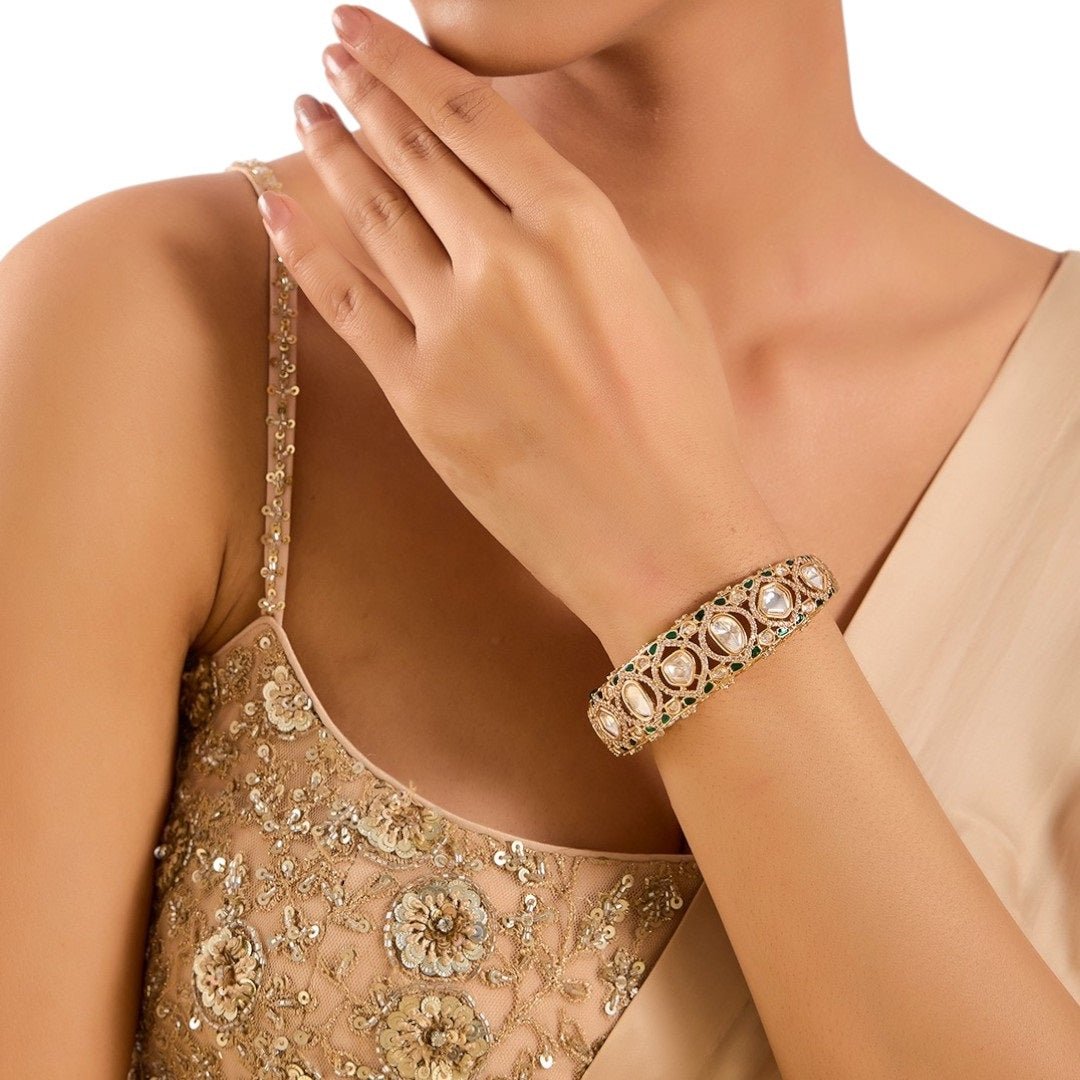 Traditional Kundan Gold - Plated Bangle with Green Enamel Detailing - Auraa Trends - Bangles - - Auraa Trends - Traditional gold - plated kundan bangle with green enamel and uncut stones for ethnic wear