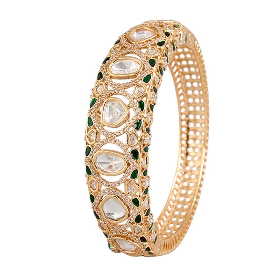 Traditional Kundan Gold-Plated Bangle with Green Enamel Detailing - Auraa Trends