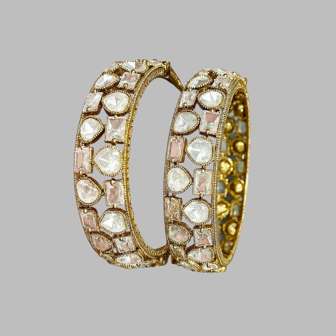 Traditional Kundan Stone Gold - Plated Bangles with White & Pink Polki Work for Women - Auraa Trends - Bangles - - Auraa Trends - Gold - plated kundan bangles with white and pink polki stones – traditional bridal jewelry for women