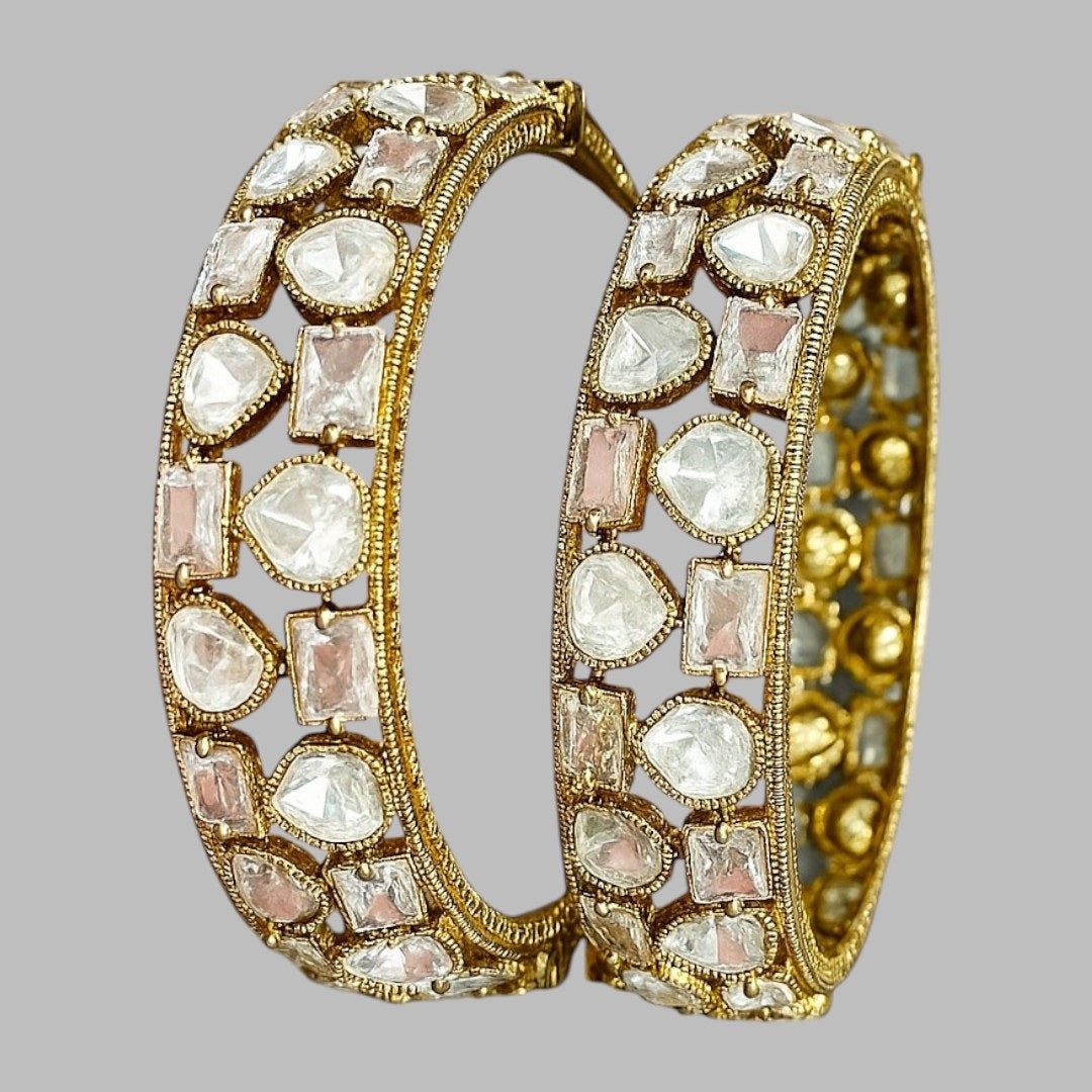 Traditional Kundan Stone Gold - Plated Bangles with White & Pink Polki Work for Women - Auraa Trends - Bangles - - Auraa Trends - Gold - plated kundan bangles with white and pink polki stones – traditional bridal jewelry for women