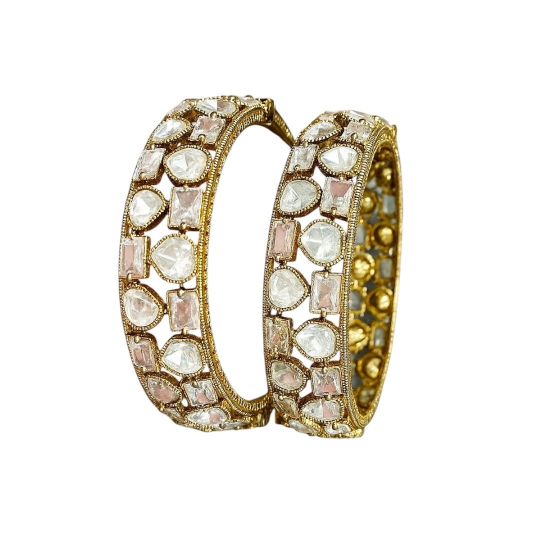 Traditional Kundan Stone Gold - Plated Bangles with White & Pink Polki Work for Women - Auraa Trends - Bangles - - Auraa Trends - Gold - plated kundan bangles with white and pink polki stones – traditional bridal jewelry for women