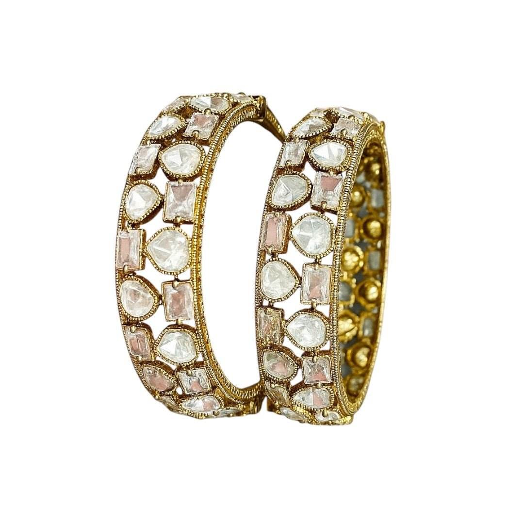 Traditional Kundan Stone Gold-Plated Bangles with White & Pink Polki Work for Women - Auraa Trends