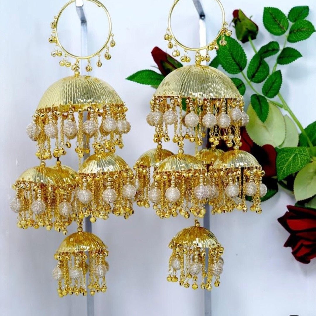 Traditional Punjabi Bridal Kaleere with Golden Beaded Tassels - Auraa Trends - Kaleere - - Auraa Trends - "Punjabi bridal kalire with golden bead tassels and micro gold plating" "Traditional gold plated kalire for Indian bride" "Handcrafted bridal wedding accessory with golden beads" "Ethnic Punjabi kalire with multi - tiered gold dome design"
