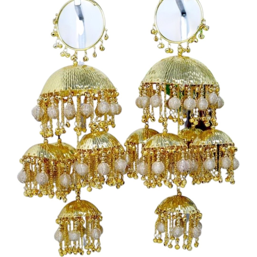 Traditional Punjabi Bridal Kaleere with Golden Beaded Tassels - Auraa Trends - Kaleere - - Auraa Trends - "Punjabi bridal kalire with golden bead tassels and micro gold plating" "Traditional gold plated kalire for Indian bride" "Handcrafted bridal wedding accessory with golden beads" "Ethnic Punjabi kalire with multi - tiered gold dome design"