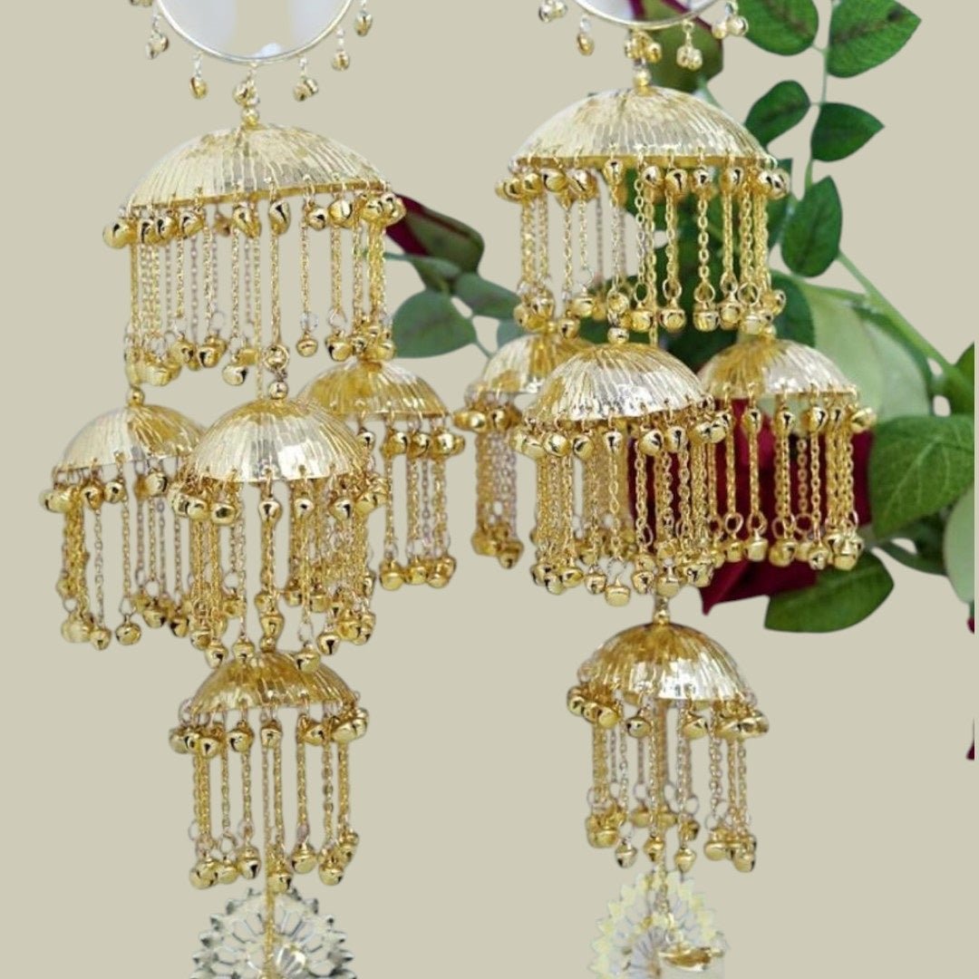 Traditional Punjabi Bridal Kalire with Golden Ghungroo Chains & Lotus Motif - Auraa Trends - Kaleere - - Auraa Trends - "Traditional Punjabi bridal kalire with lotus motif and golden ghungroo chains" "Multi - tiered gold plated kalire for bride with hanging chains" "Handcrafted bridal wedding accessory with lotus drop design" "Ethnic Punjabi kalire with micro gold plating for Indian weddings