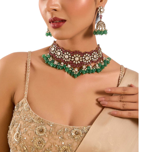 Traditional Ruby Pink Floral Kundan Choker Necklace Set with Green Beads and Jhumka Earrings - Auraa Trends