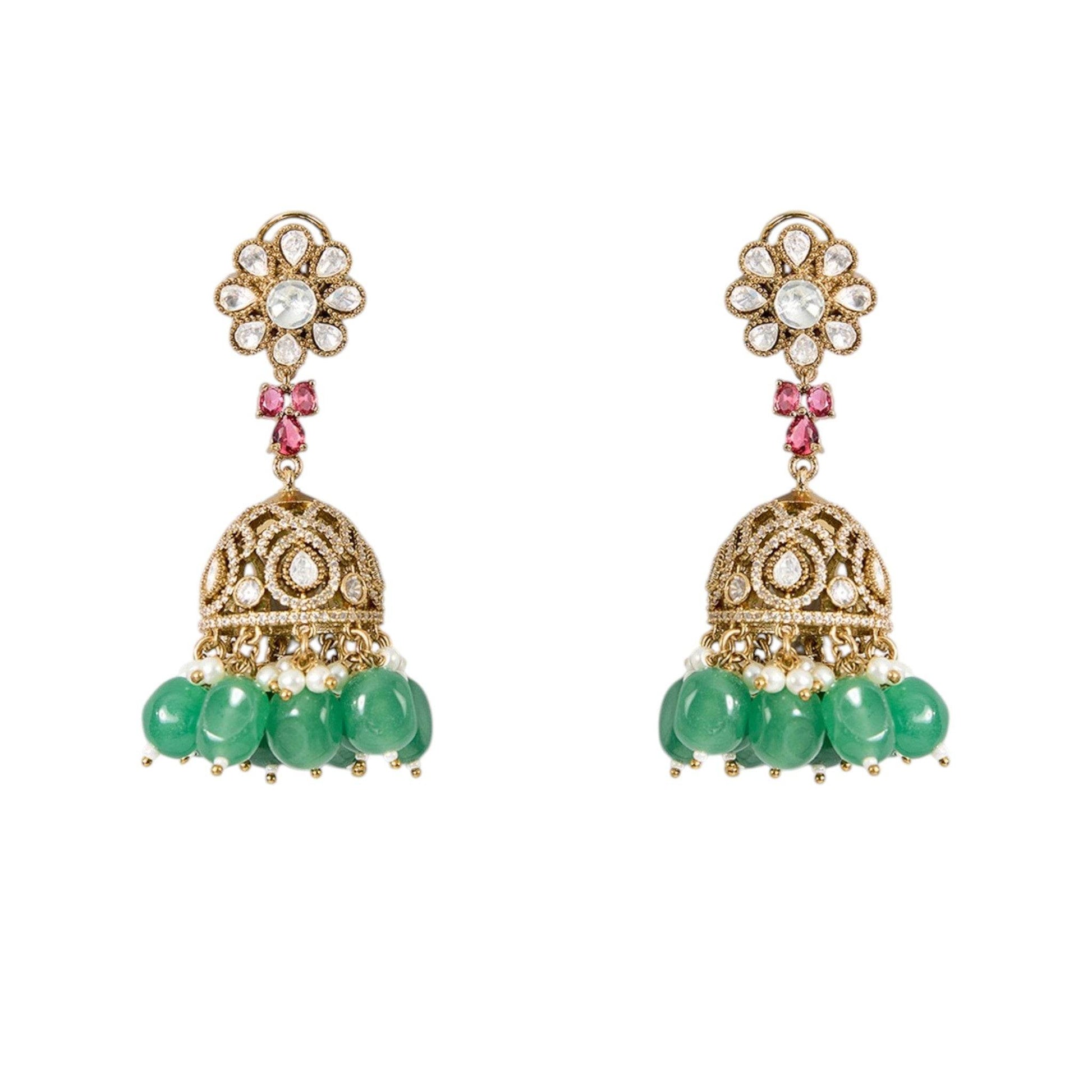 Traditional Ruby Pink Floral Kundan Choker Necklace Set with Green Beads and Jhumka Earrings - Auraa Trends