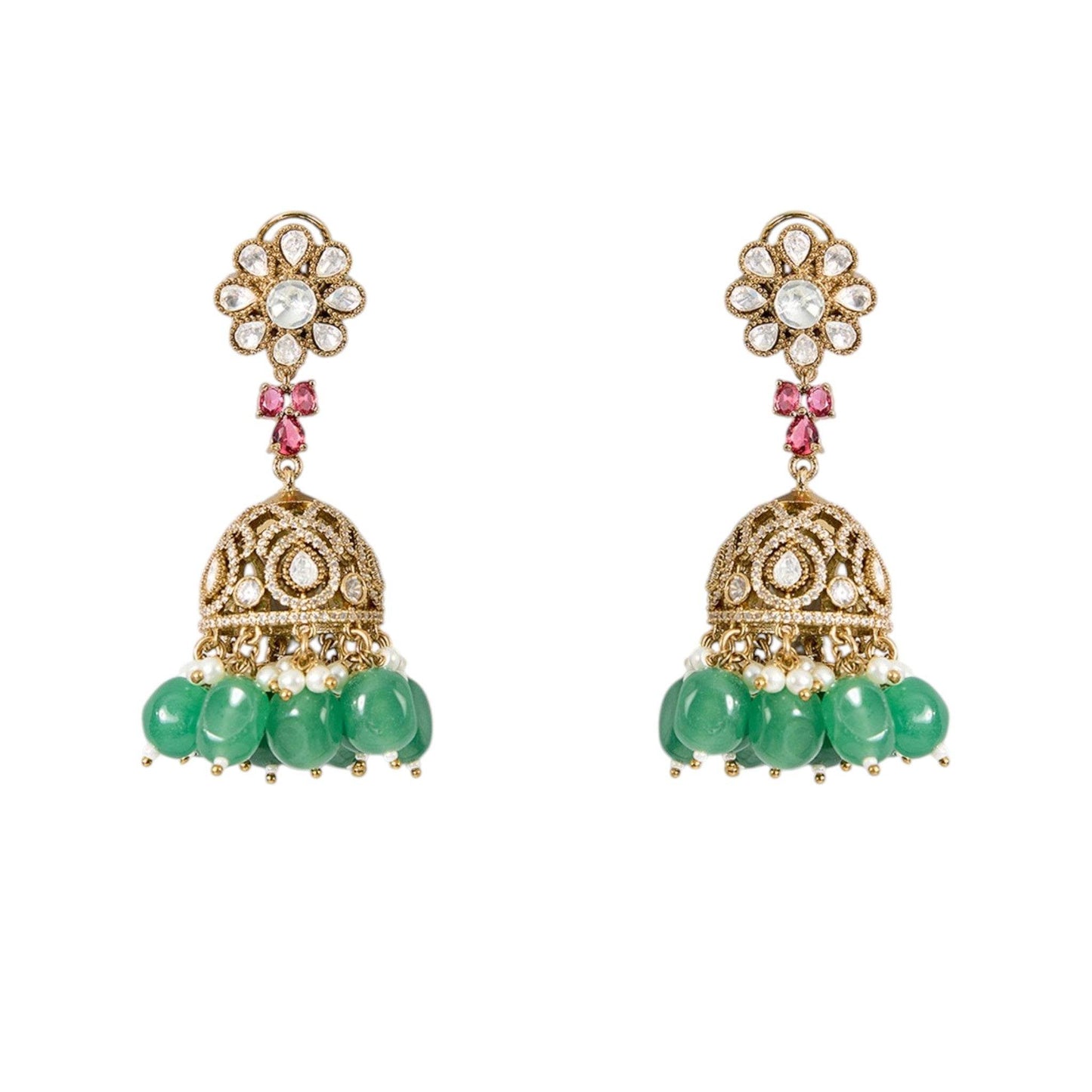Traditional Ruby Pink Floral Kundan Choker Necklace Set with Green Beads and Jhumka Earrings - Auraa Trends