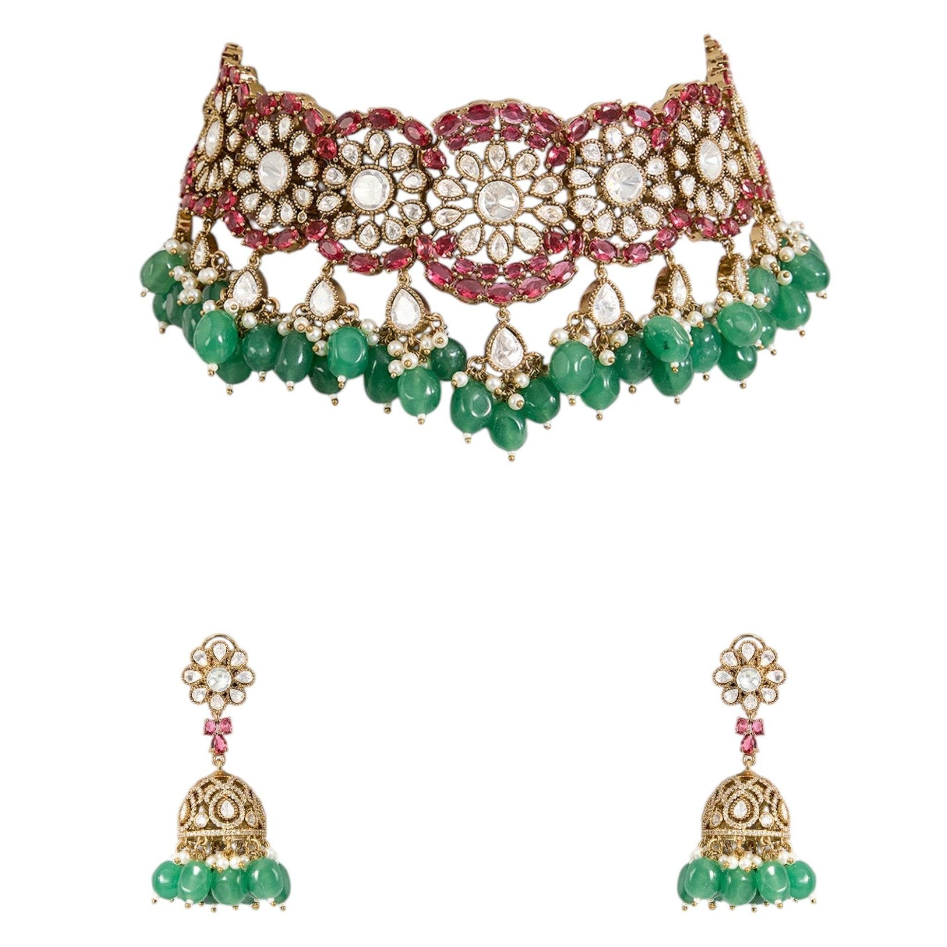 Traditional Ruby Pink Floral Kundan Choker Necklace Set with Green Beads and Jhumka Earrings - Auraa Trends