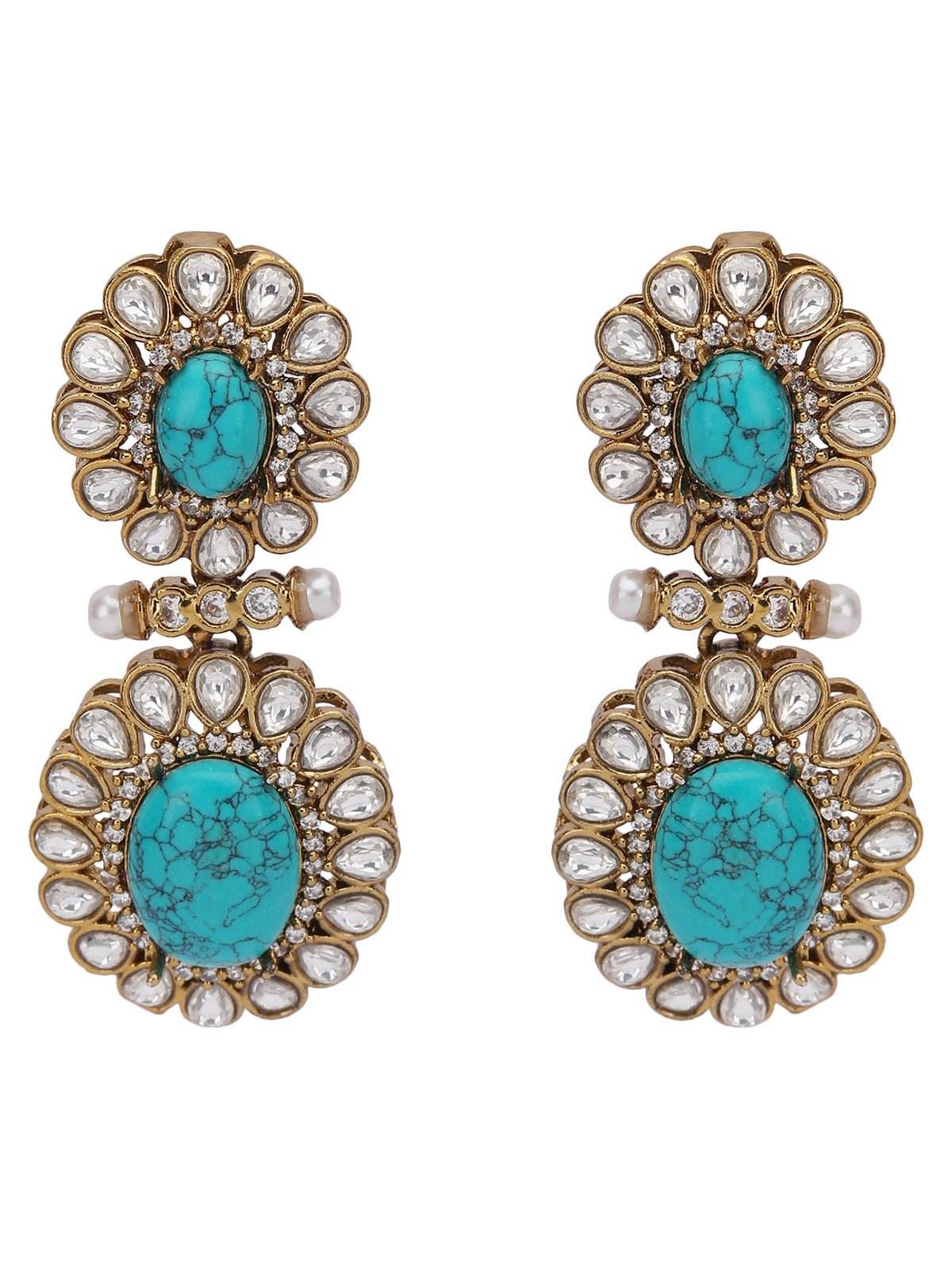 Turquoise Kundan Necklace Set with Floral Detailing - Auraa Trends