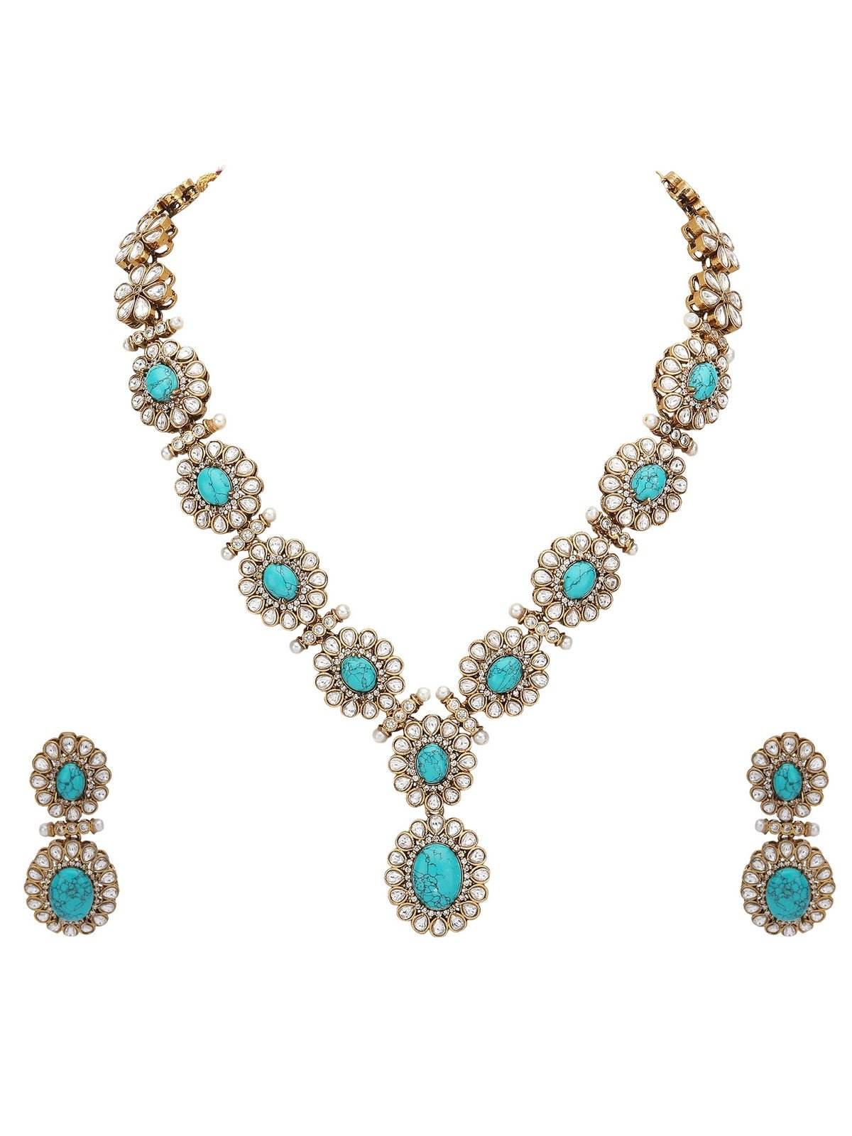 Turquoise Kundan Necklace Set with Floral Detailing - Auraa Trends