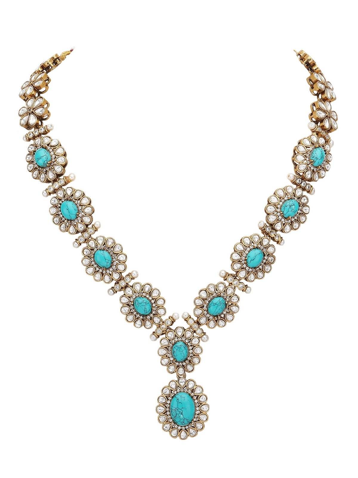 Turquoise Kundan Necklace Set with Floral Detailing - Auraa Trends
