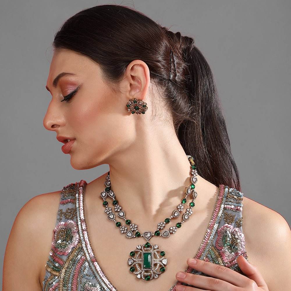 Two Tone Finish Zircon Necklace Set - Auraa Trends