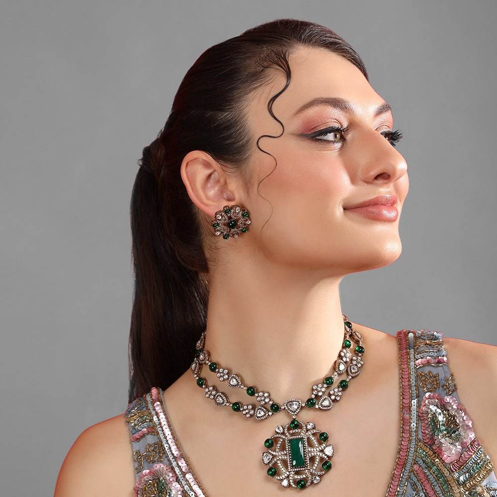 Two Tone Finish Zircon Necklace Set - Auraa Trends