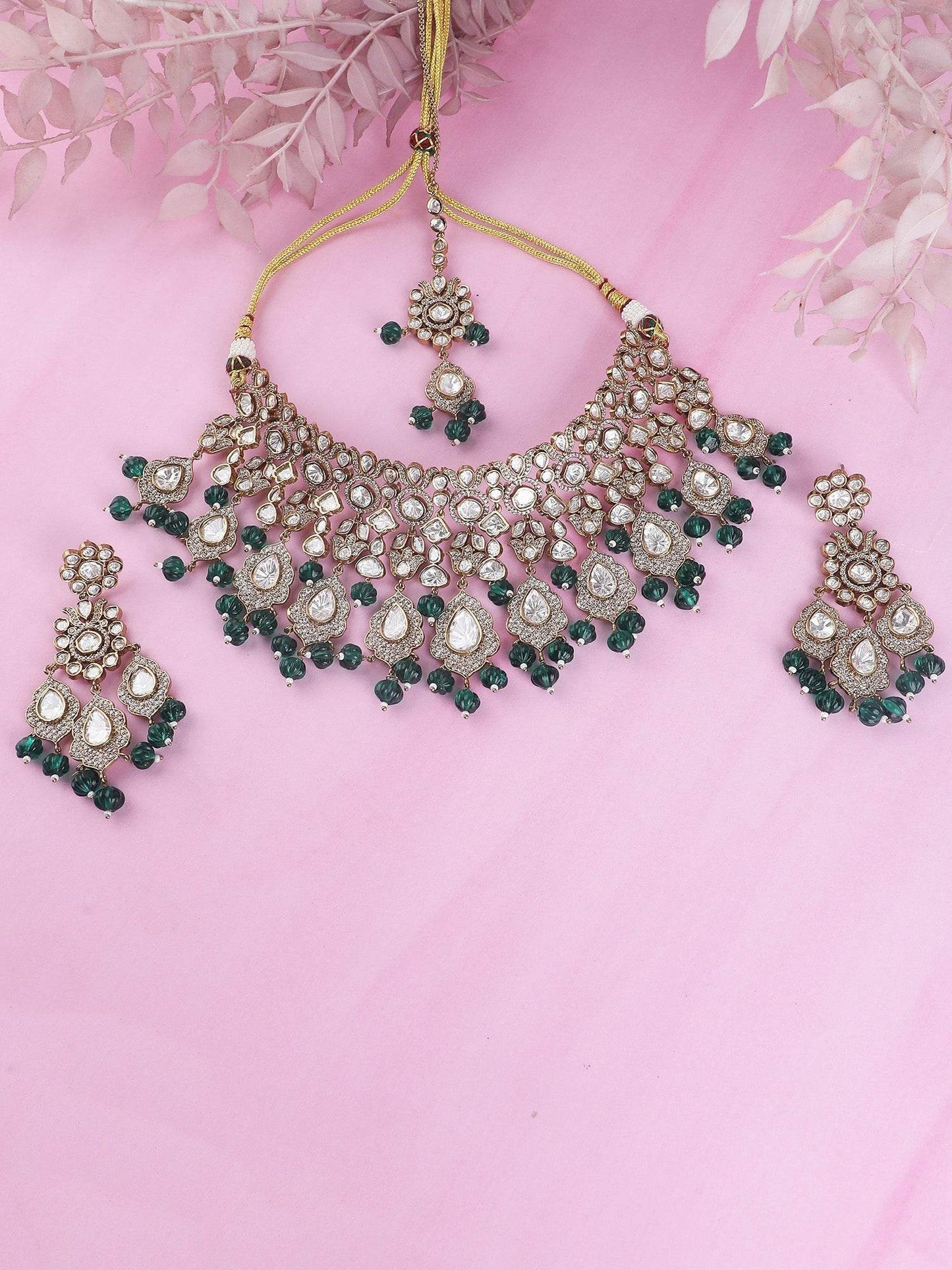 Two-Toned & White Gold-Plated Handcrafted Kundan Polki Beaded Necklace Set - Auraa Trends