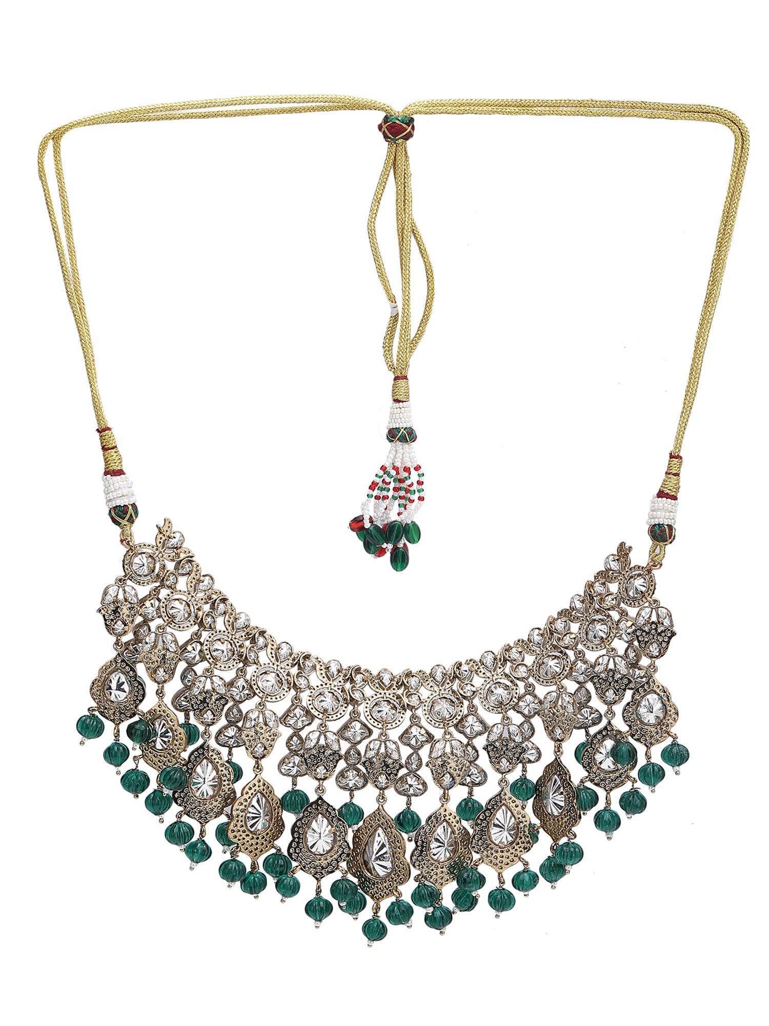 Two-Toned & White Gold-Plated Handcrafted Kundan Polki Beaded Necklace Set - Auraa Trends