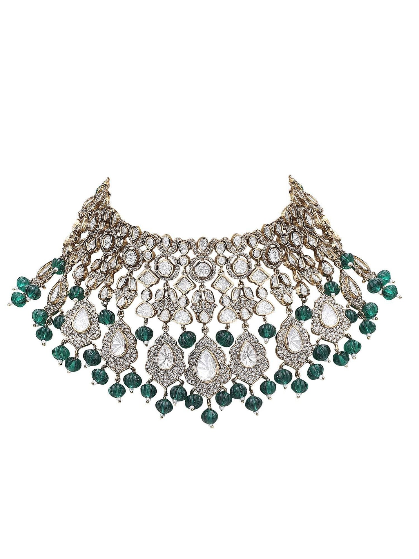 Two-Toned & White Gold-Plated Handcrafted Kundan Polki Beaded Necklace Set - Auraa Trends