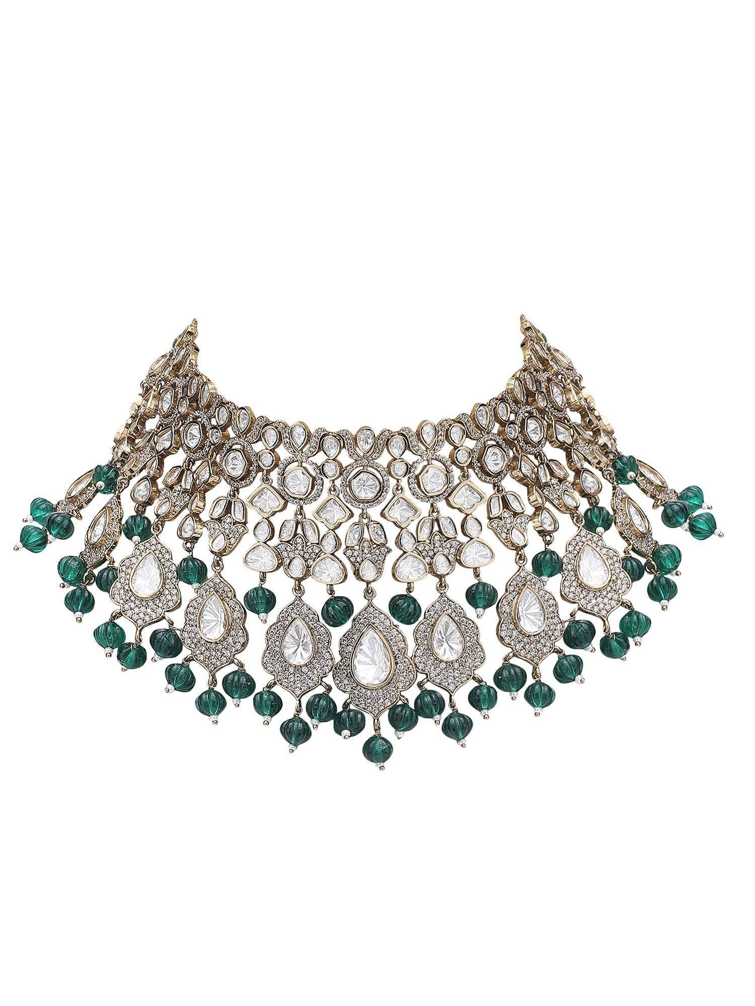 Two-Toned & White Gold-Plated Handcrafted Kundan Polki Beaded Necklace Set - Auraa Trends