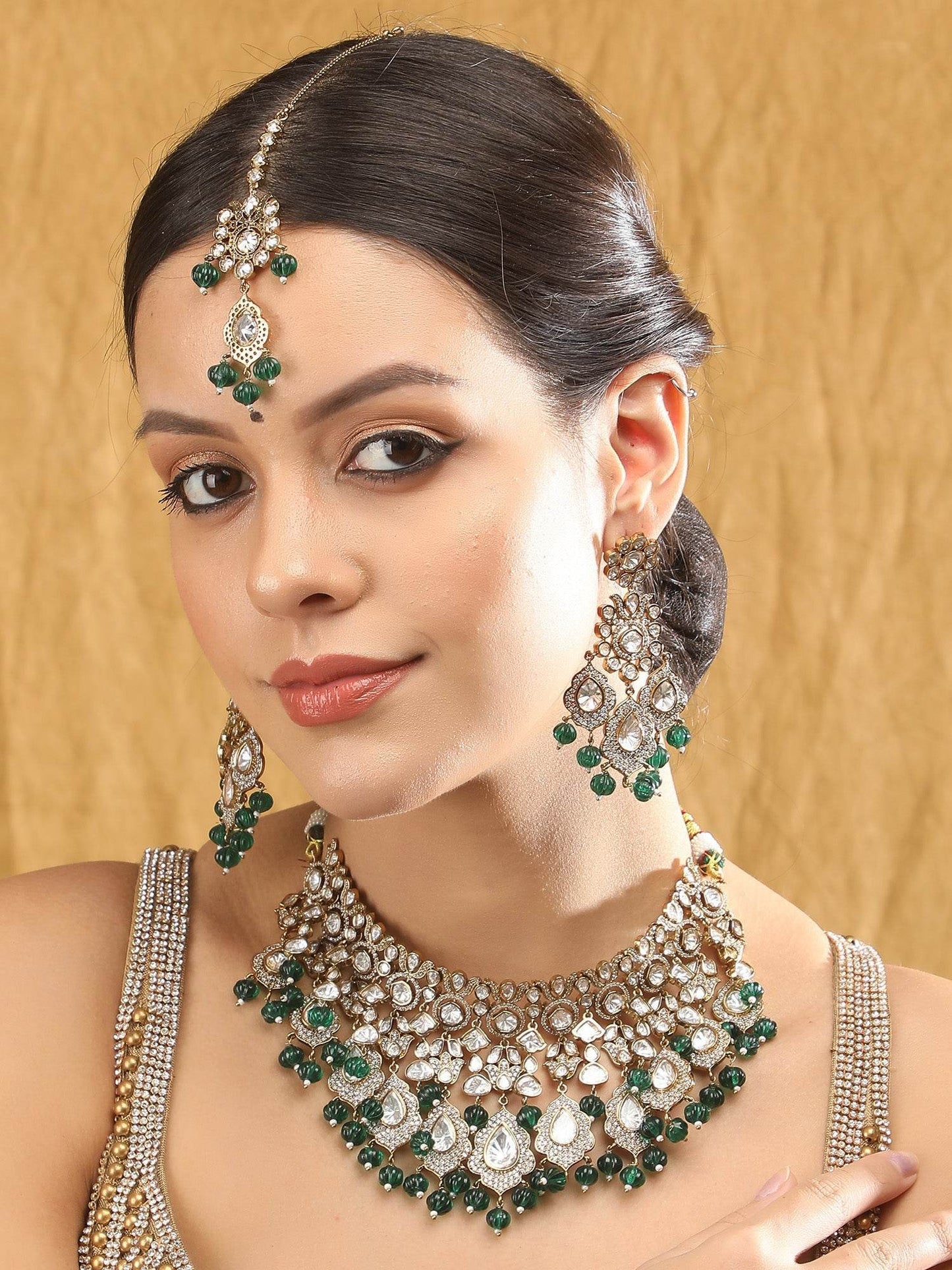 Two-Toned & White Gold-Plated Handcrafted Kundan Polki Beaded Necklace Set - Auraa Trends
