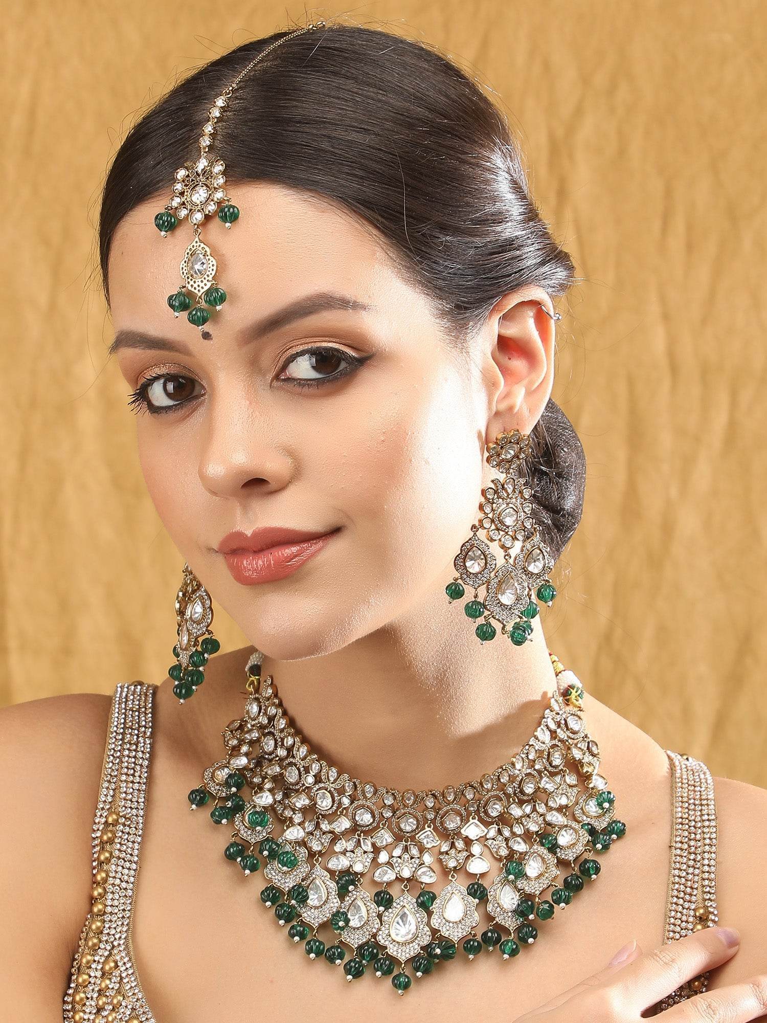 Two-Toned & White Gold-Plated Handcrafted Kundan Polki Beaded Necklace Set - Auraa Trends